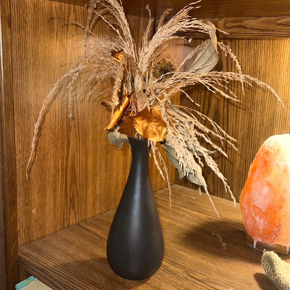 Black vase dried floral arrangement handmade